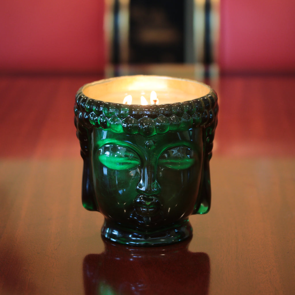 green-buddha-head-candle-lined-with-24K-gold-white-wax-and-cotton-wicks